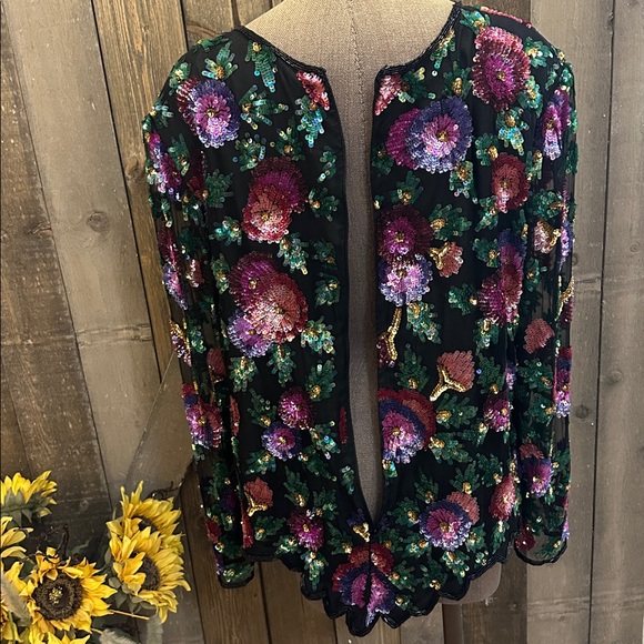 Vintage Laurence Kazar 2X Silk Sequin Floral Sheer Sleeve Blouse Top Black - Picture 7 of 11